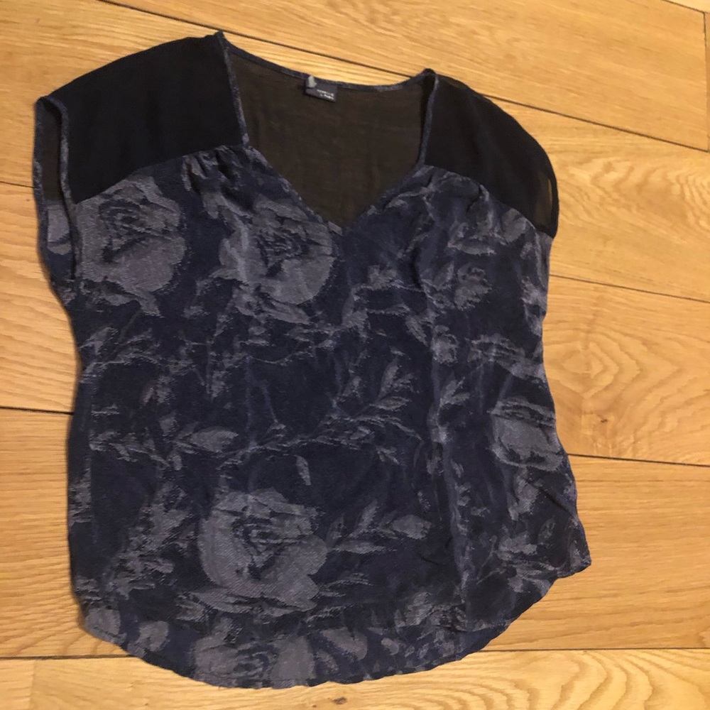 Navy floral tee with sheer detail